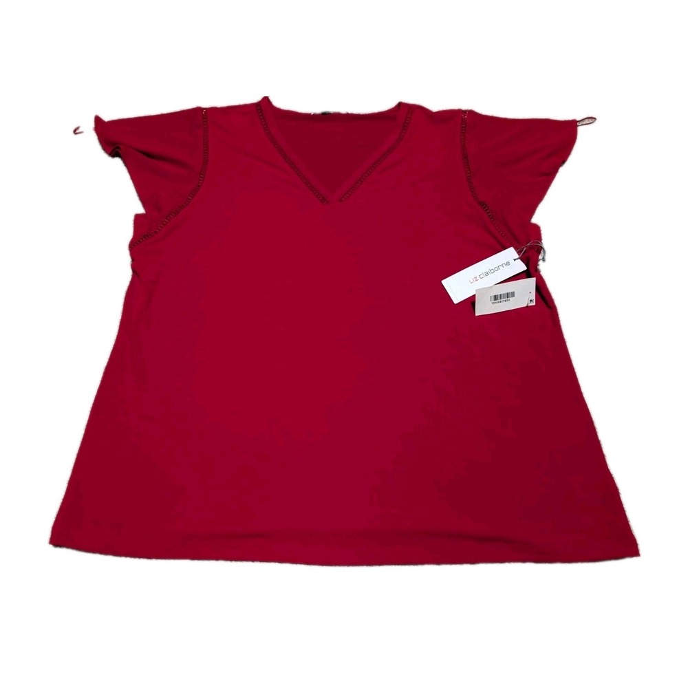 Liz Claiborne Co. Womens XL Red  V Neck Lace Blouse Top Cap Sleeve NWT‎